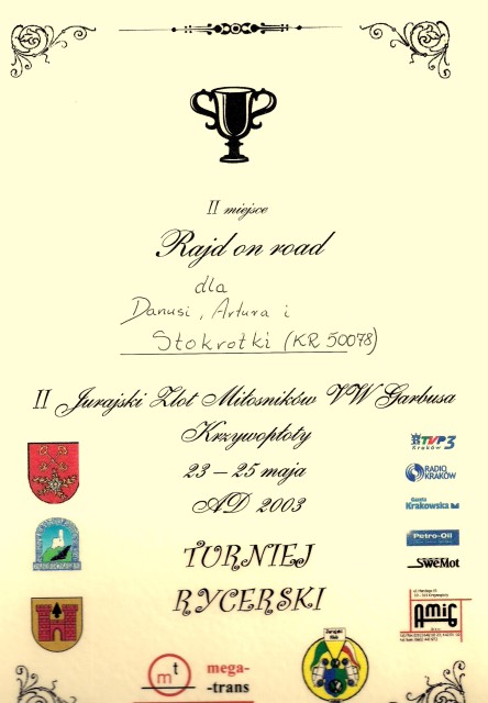 Dyplom za zajęcie II miejsca w rajdzie 